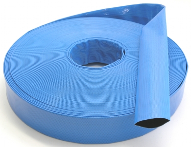 Click to enlarge - Blue reinforced layflat hose made from two layers of PVC and bonded to a close woven textile reinforcement. Pressure ratings given are at ambient temperature. The hose is used for all general pumping duties and will not absorb water.